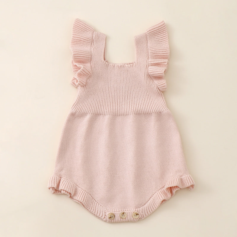 Summer New Arrival Baby Girls Solid Color Fly Sleeves Square Neck Knitted Onesies-4