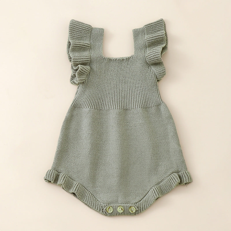 Summer New Arrival Baby Girls Solid Color Fly Sleeves Square Neck Knitted Onesies-1