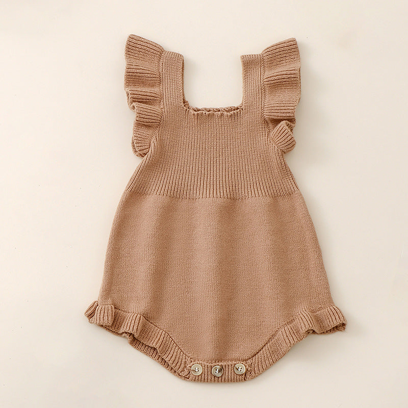 Summer New Arrival Baby Girls Solid Color Fly Sleeves Square Neck Knitted Onesies-3