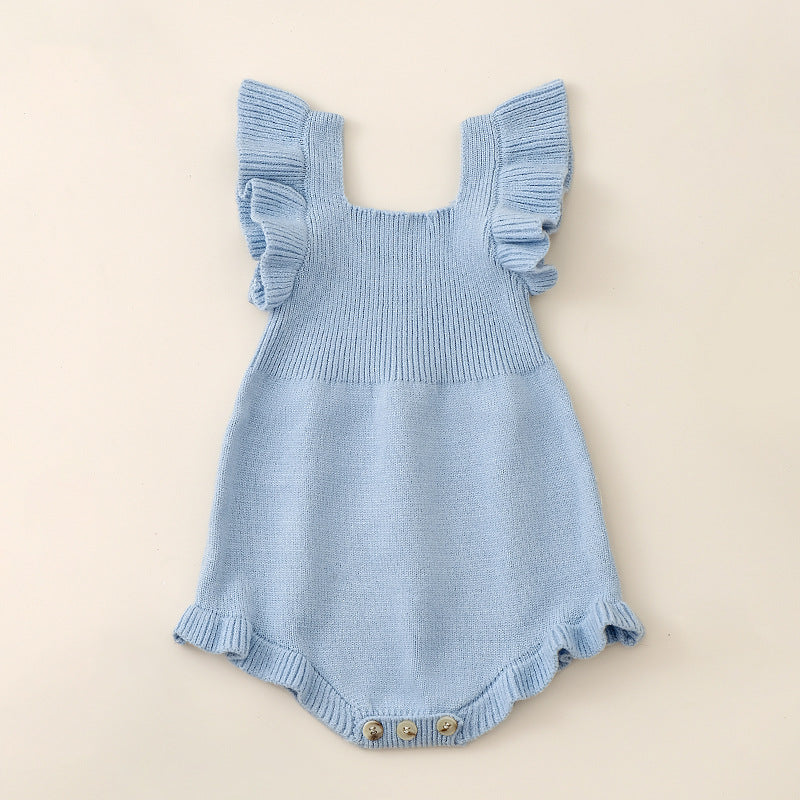 Summer New Arrival Baby Girls Solid Color Fly Sleeves Square Neck Knitted Onesies-2